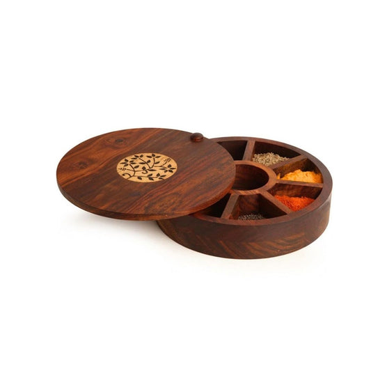 Sheesham Wood Handmade Floral Burnt Round Design 9 Container Masala Box with spoon 8"