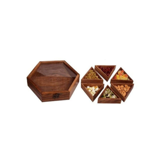 Sheesham Wood Handmade Hexagon 6 compartment Masala Box 8"