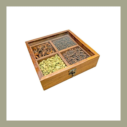 Sheesham Wood Handmade Spice printed 9 Compartment Carving Brass work Masala Box 9"