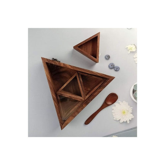 Sheesham Wood Handmade 4 Container Triangle Shape Masala Box with spoon 9"